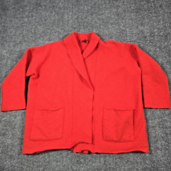Eileen Fisher Sweater Womens Medium Red Wool Open Front Cardigan Jacket Pockets - Picture 1 of 12